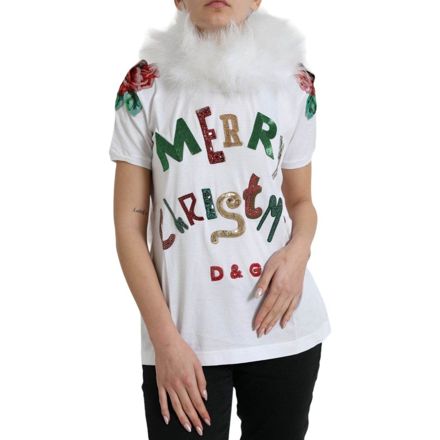 Dolce & Gabbana White Cotton Christmas Sequin Fur T-shirt Dolce & Gabbana