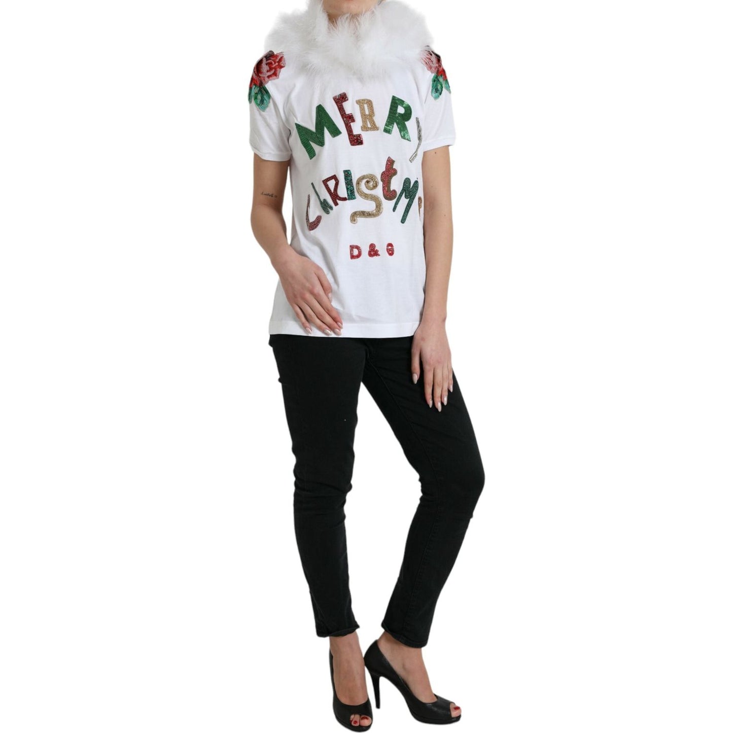 Dolce & Gabbana White Cotton Christmas Sequin Fur T-shirt Dolce & Gabbana
