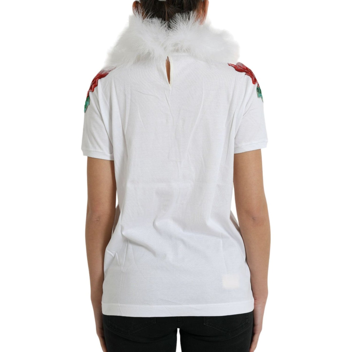 Dolce & Gabbana White Cotton Christmas Sequin Fur T-shirt Dolce & Gabbana