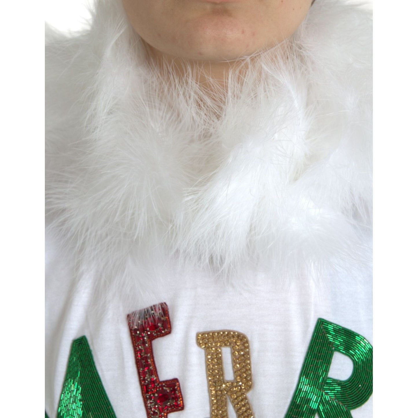 Dolce & Gabbana White Cotton Christmas Sequin Fur T-shirt Dolce & Gabbana