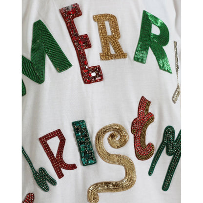 Dolce & Gabbana White Cotton Christmas Sequin Fur T-shirt Dolce & Gabbana