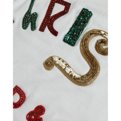 Dolce & Gabbana White Cotton Christmas Sequin Fur T-shirt Dolce & Gabbana