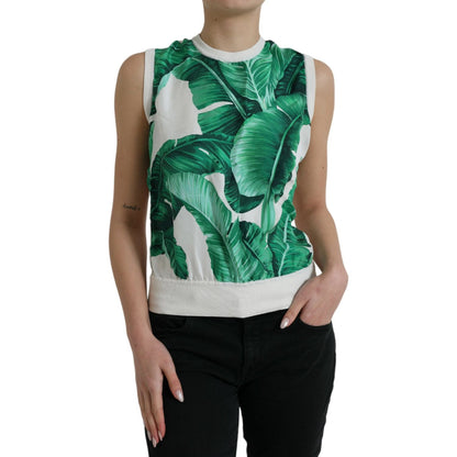 Dolce & Gabbana White Banana Leaf Print Crew Neck Tank Top Dolce & Gabbana