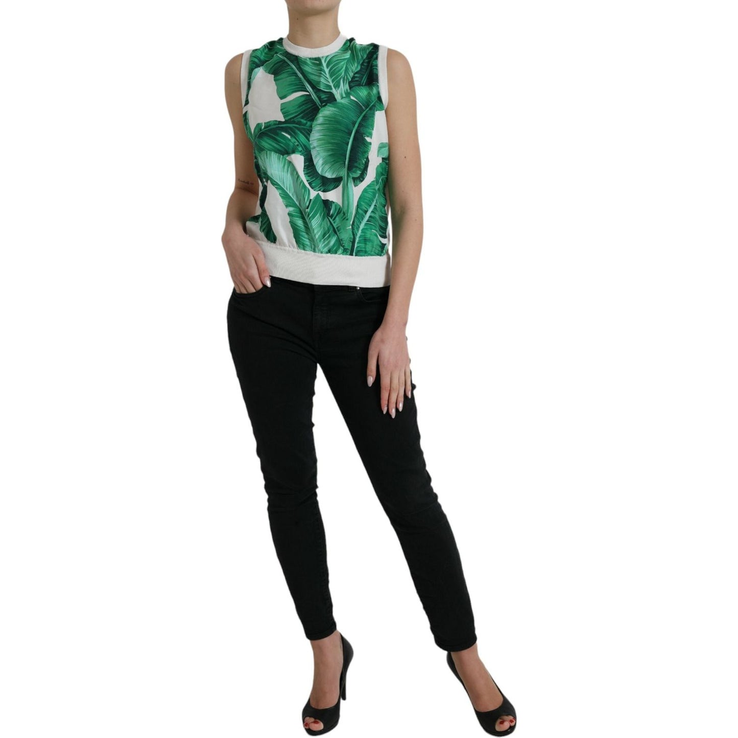 Dolce & Gabbana White Banana Leaf Print Crew Neck Tank Top Dolce & Gabbana