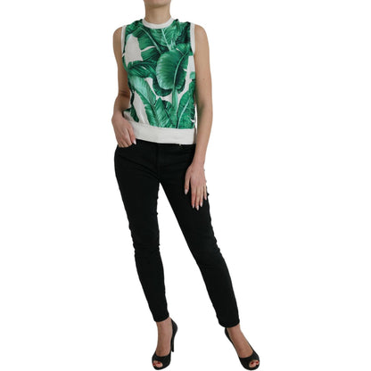 Dolce & Gabbana White Banana Leaf Print Crew Neck Tank Top Dolce & Gabbana