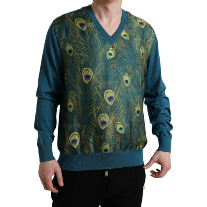 Dolce & Gabbana Green Peacock Feather Pullover Sweater Dolce & Gabbana