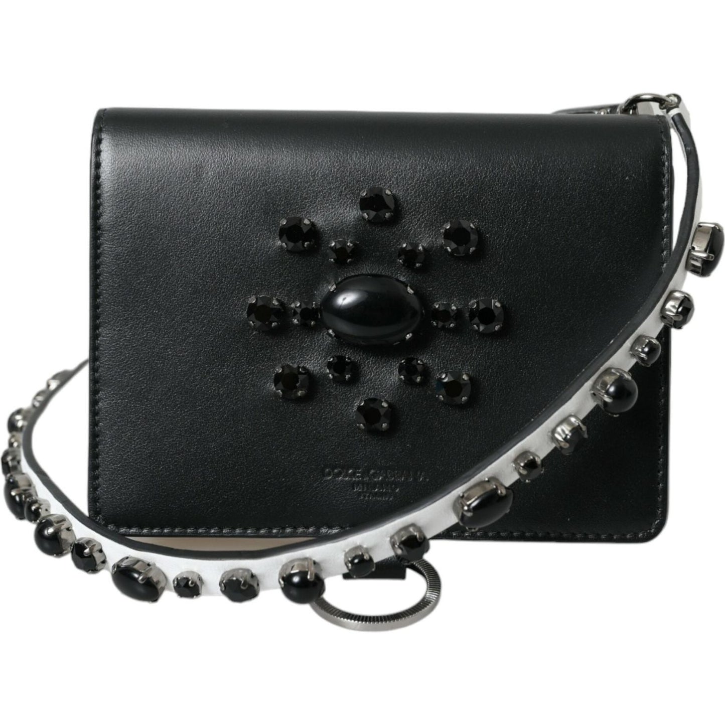 Dolce & Gabbana Black White Leather Crystal Embellished Cardholder Wallet Dolce & Gabbana