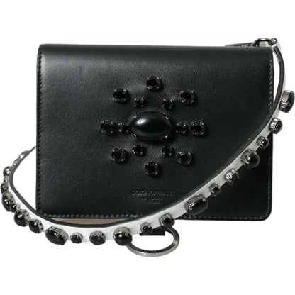 Dolce & Gabbana Black White Leather Crystal Embellished Cardholder Wallet Dolce & Gabbana