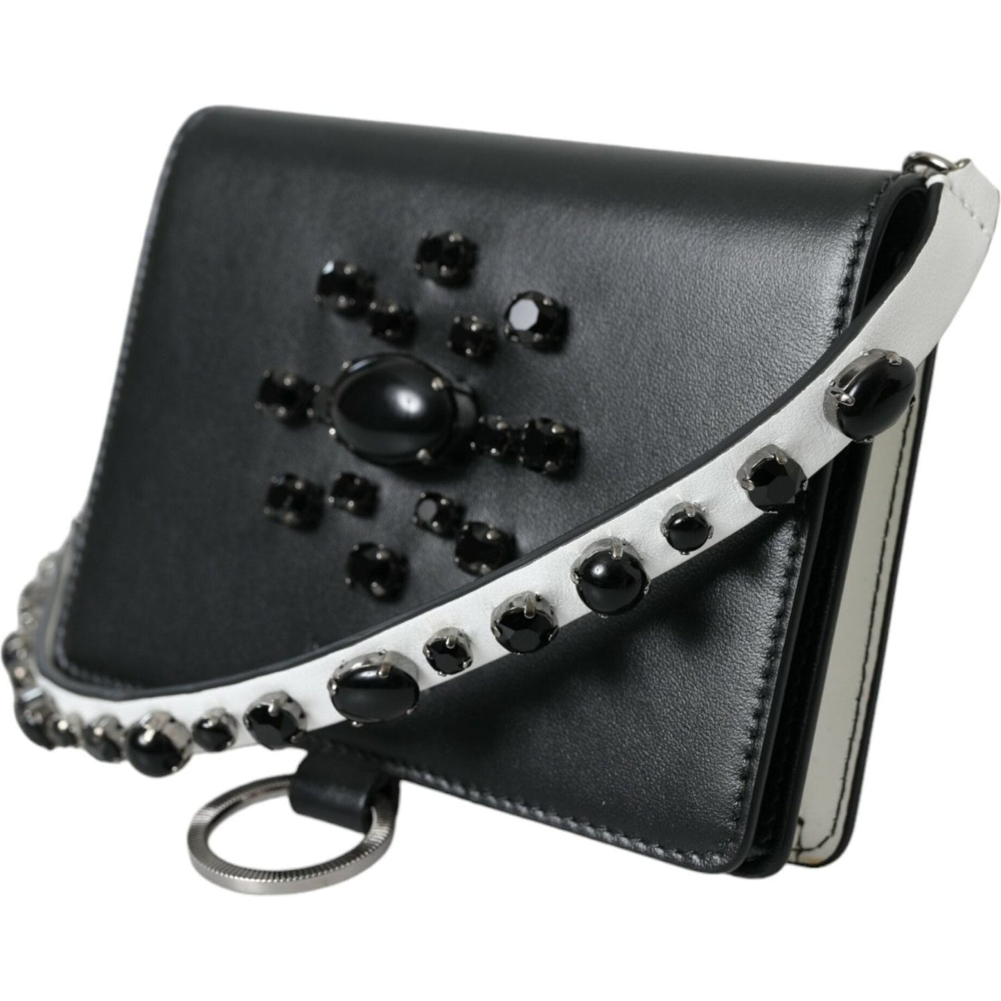 Dolce & Gabbana Black White Leather Crystal Embellished Cardholder Wallet Dolce & Gabbana