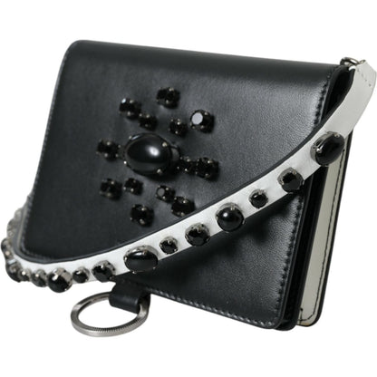Dolce & Gabbana Black White Leather Crystal Embellished Cardholder Wallet Dolce & Gabbana