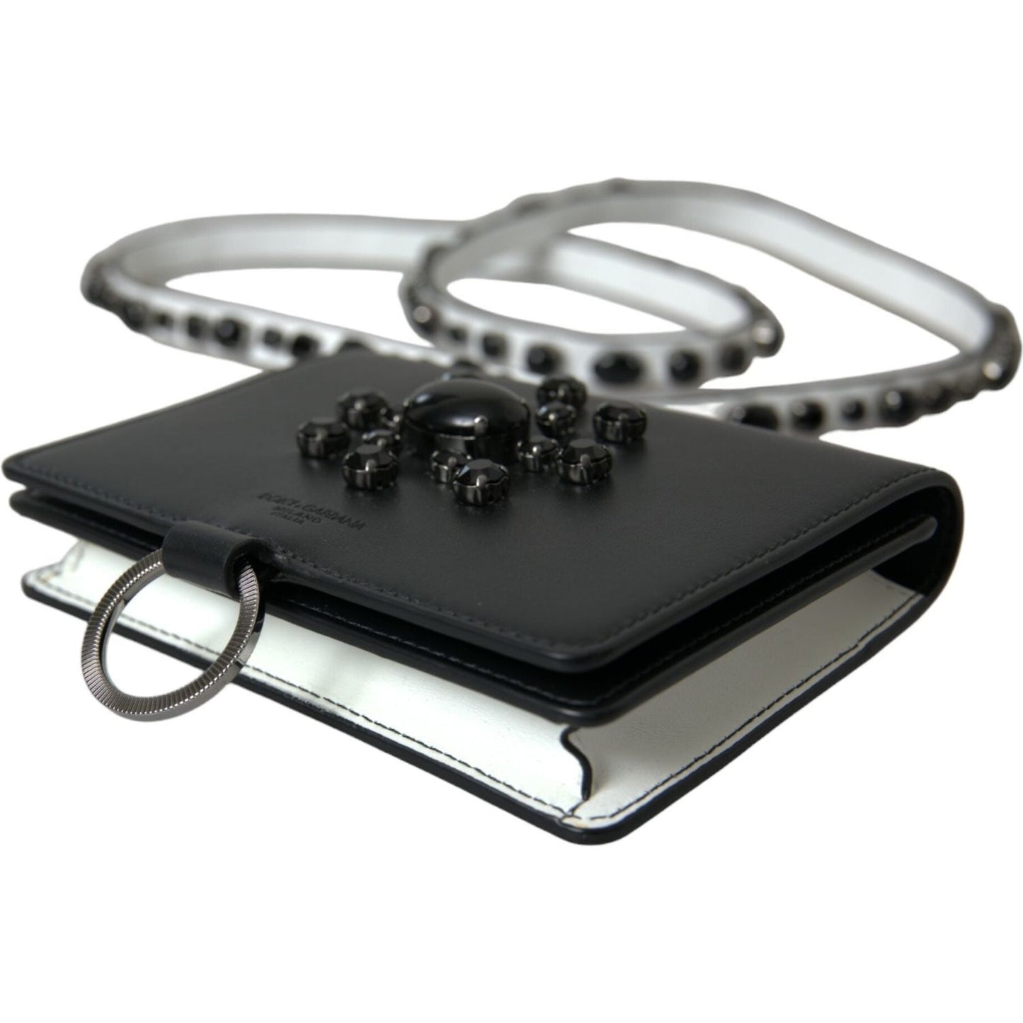 Dolce & Gabbana Black White Leather Crystal Embellished Cardholder Wallet Dolce & Gabbana