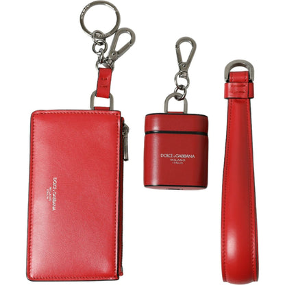 Dolce & Gabbana Red Leather Silver Metal Logo Strap Pouch Airpods Case