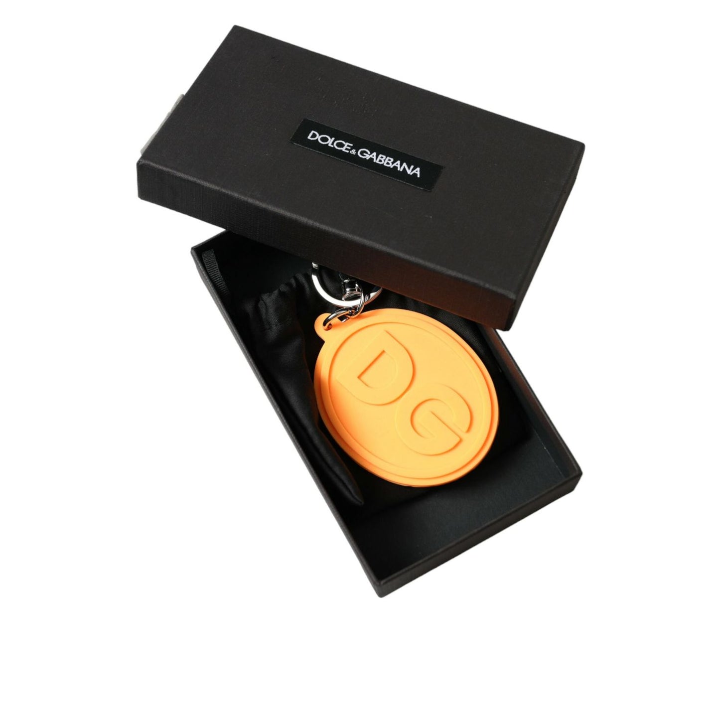 Dolce & Gabbana Orange Rubber DG Logo Silver Brass Metal Keyring Keychain