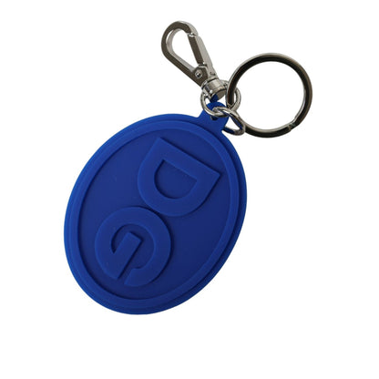 Dolce & Gabbana Blue Rubber DG Logo Silver Brass Metal Keyring Keychain