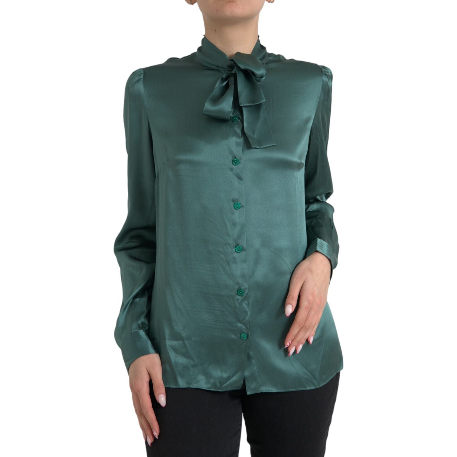 Dolce & Gabbana Dark Green Silk Ascot Collar Blouse Top