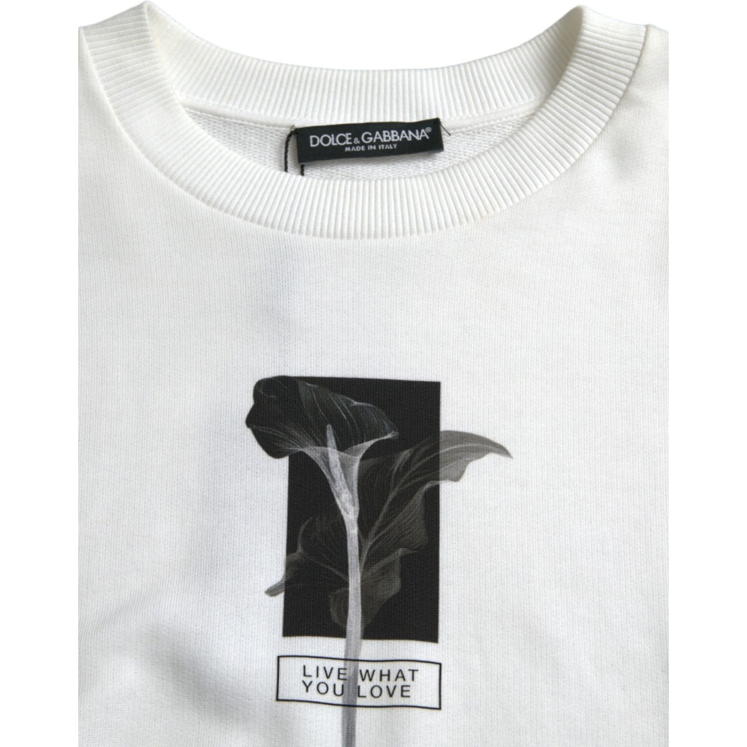 Dolce & Gabbana White Floral Cotton Crew Neck Pullover Sweater