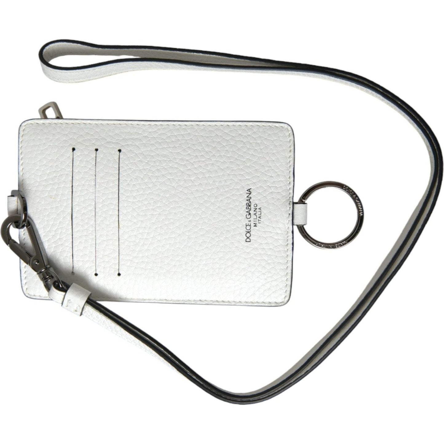Dolce & Gabbana White Calf Leather Lanyard Logo Card Holder Wallet