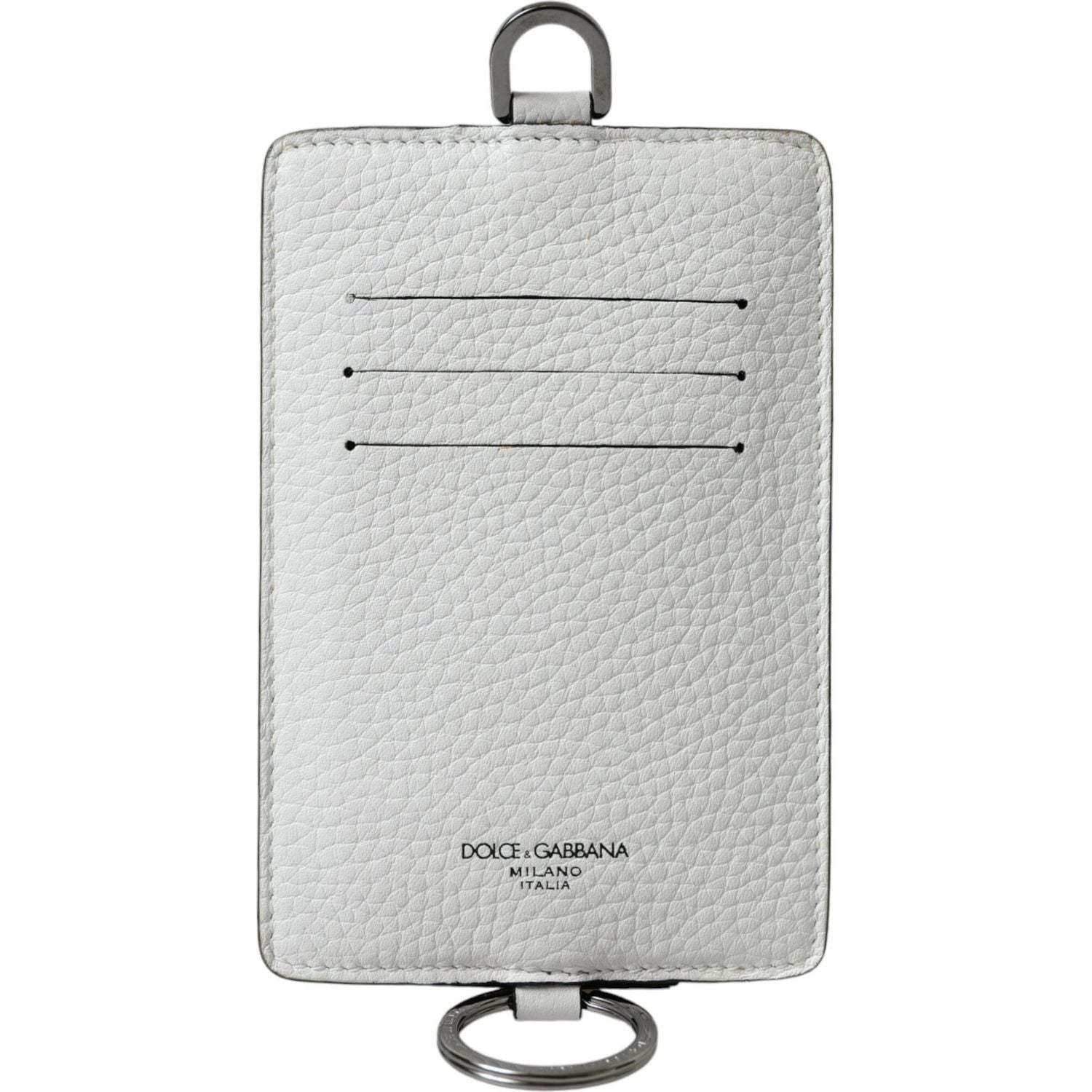 Dolce & Gabbana White Calf Leather Lanyard Logo Card Holder Wallet