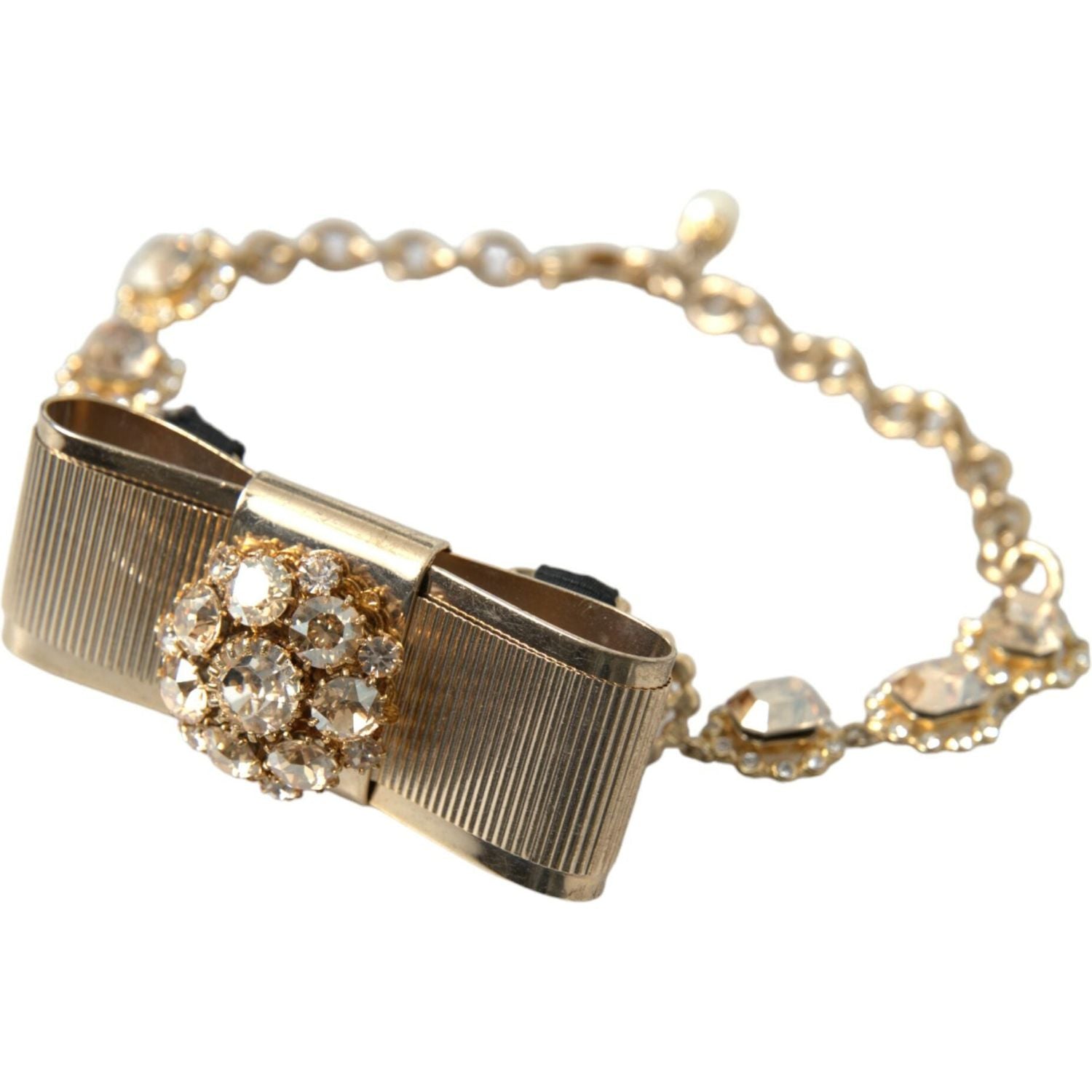 Dolce & Gabbana Gold Brass Clear Crystal Bow Chain Choker Necklace