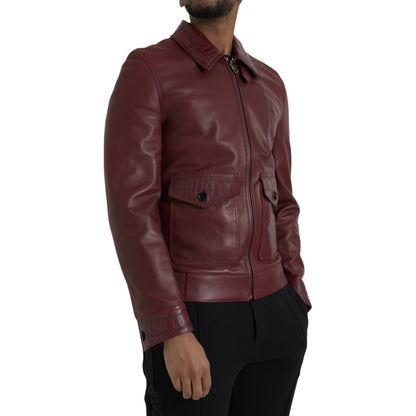 Dolce & Gabbana Maroon Exotic Leather Zip Biker Coat Jacket