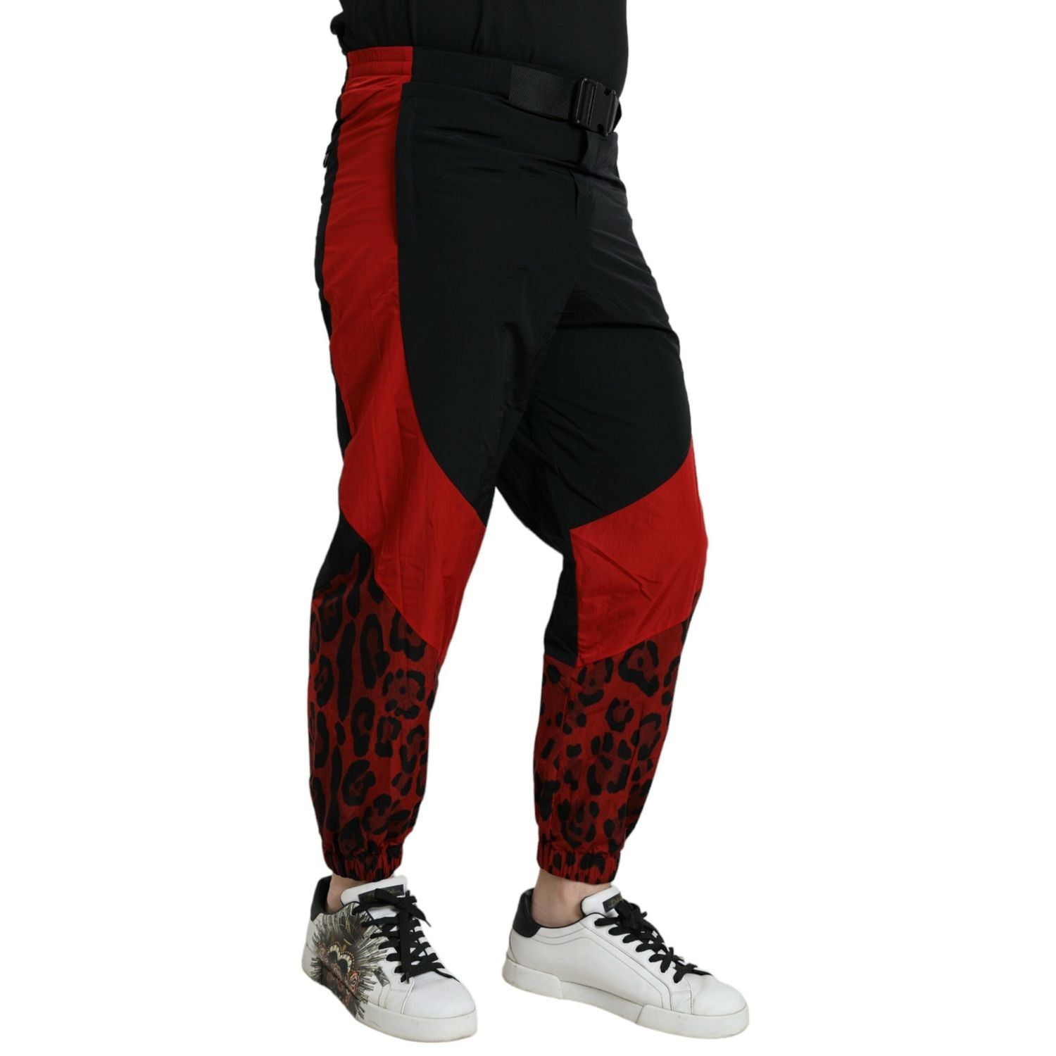 Dolce & Gabbana Black Red Leopard Print Nylon Jogger Pants
