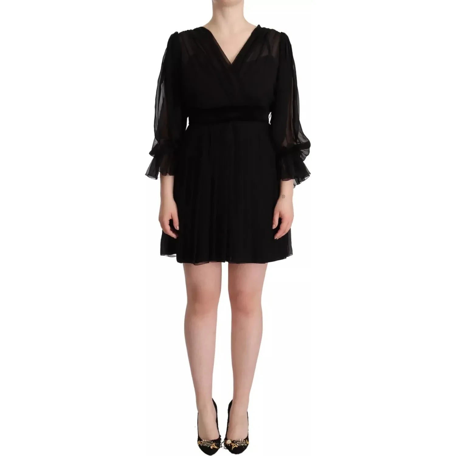 Dolce & Gabbana Black V-neck Long Sleeves Mini A-line Dress