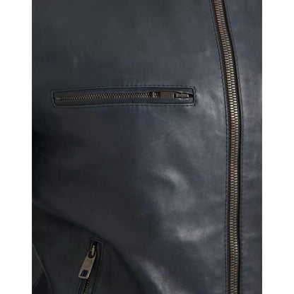 Dolce & Gabbana Blue Leather Full Zip Biker Blouson Jacket