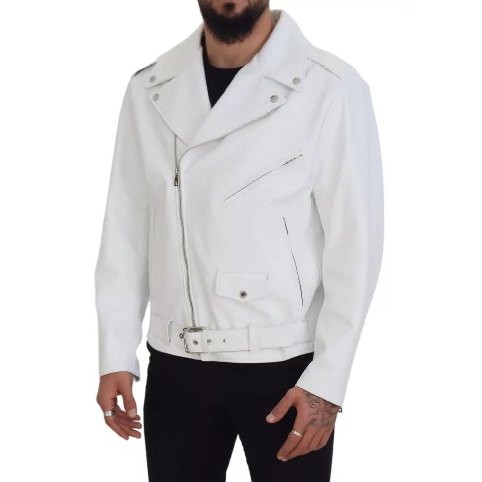 Dolce & Gabbana White Leather Biker Coat Zipper Jacket