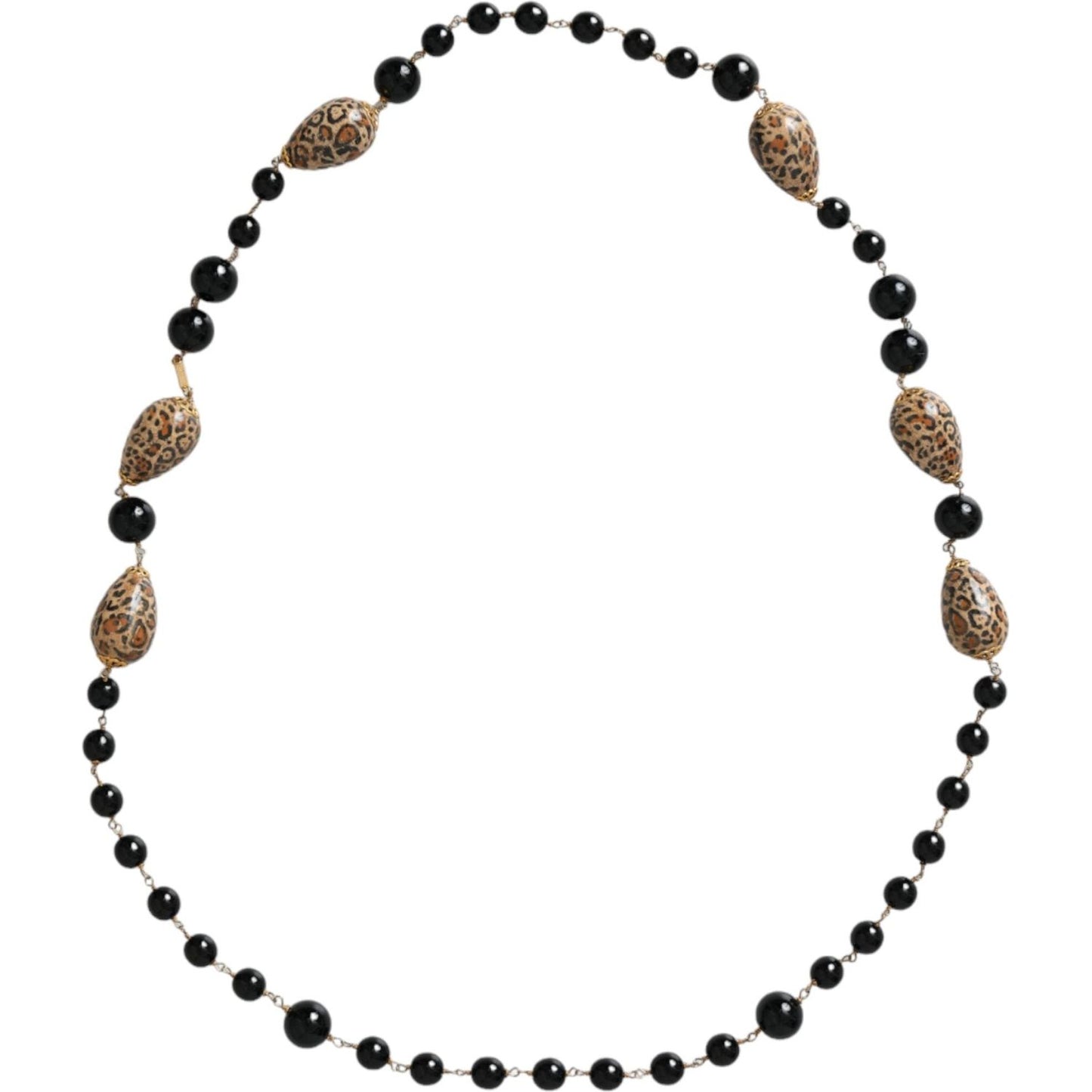 Dolce & Gabbana Gold Tone Brass Black Printed Beaded Long Chain Necklace Necklace