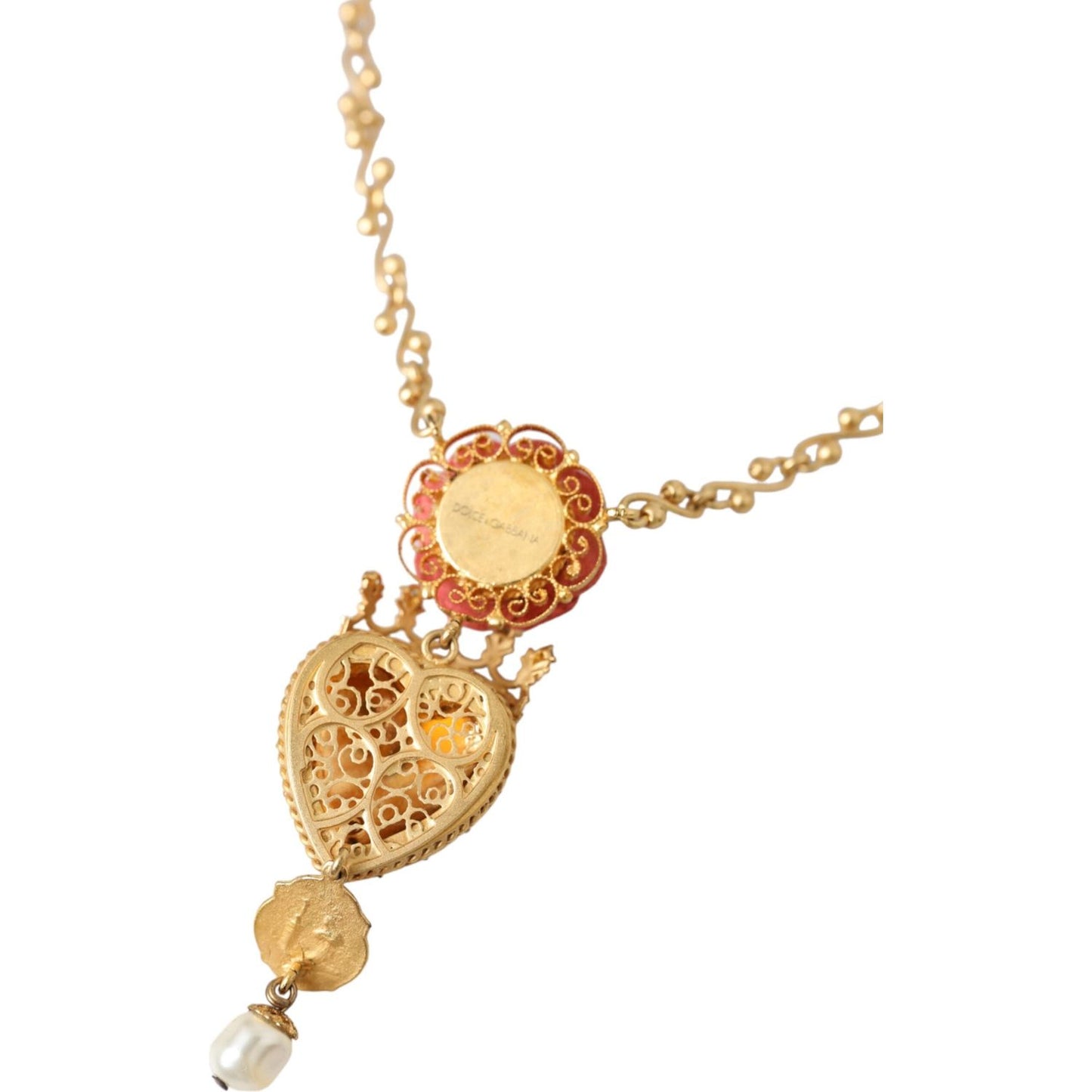 Dolce & Gabbana Gold BrassChain Sacred Heart Rose Crystal Charm Necklace Necklace