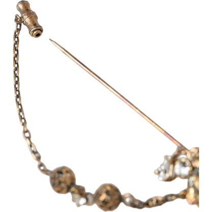Dolce & Gabbana Gold Brass Crystal Chain 925 Sterling Silver Pin Brooch Brooch