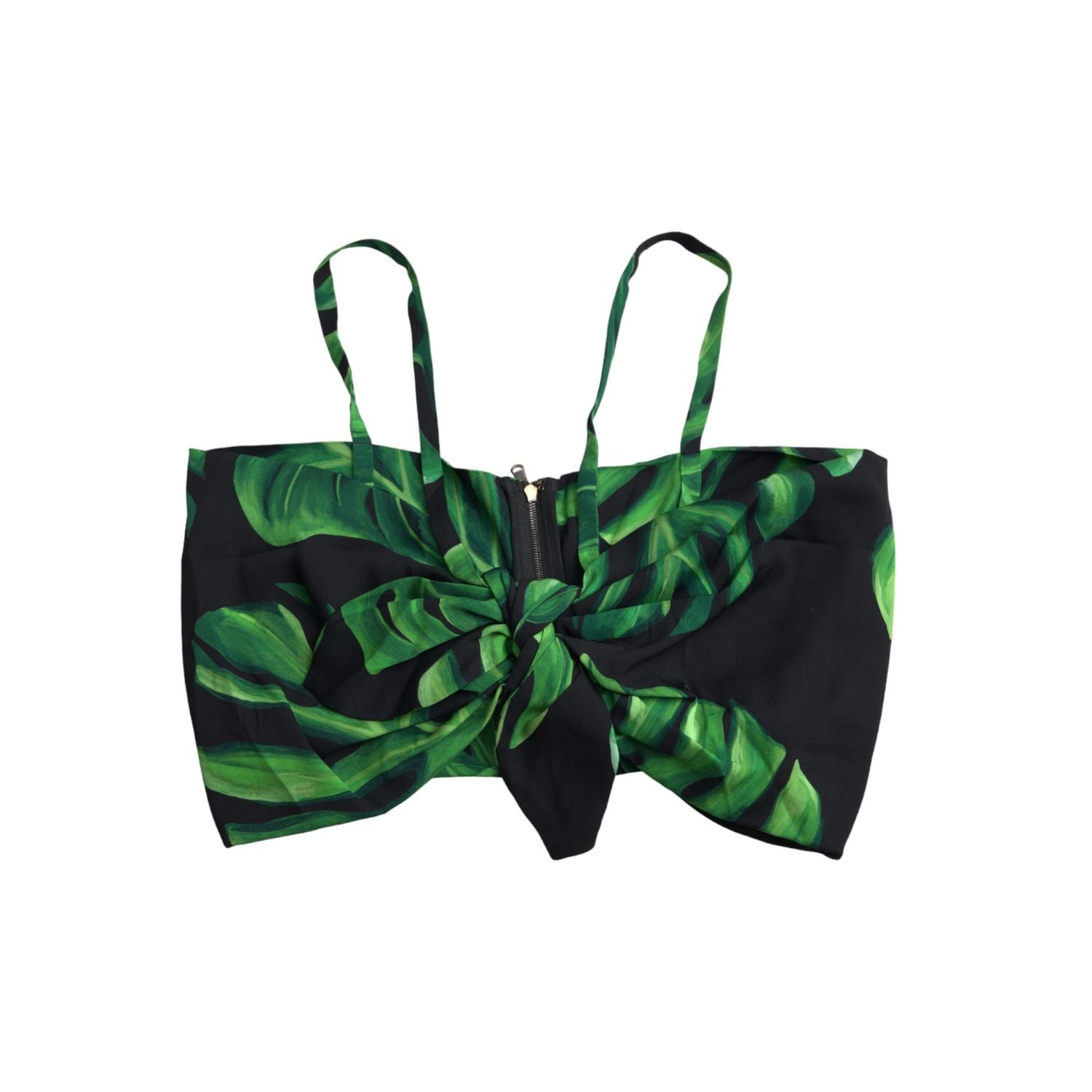 Dolce & Gabbana Black Green Leaf Silk Halter Cropped Top