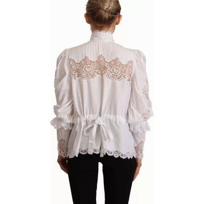 Dolce & Gabbana White Cotton Lace Trim Turtle Neck Blouse Top