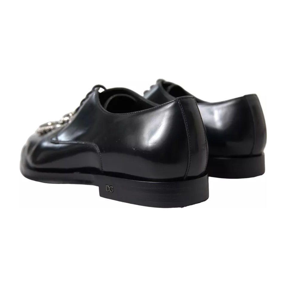 Dolce & Gabbana Black Leather Crystal Lace Up Formal Shoes