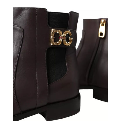 Dolce & Gabbana Brown Leather AMORE Flats Ankle Boots Shoes