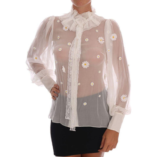 Dolce & Gabbana White Daisy Applique Silk Shirt Dolce & Gabbana