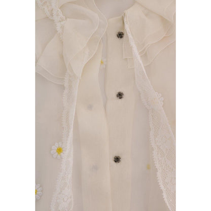 Dolce & Gabbana White Daisy Applique Silk Shirt