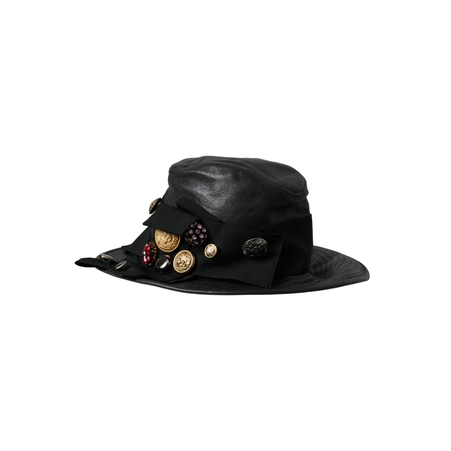 Dolce & Gabbana Black Leather DG Coin Crystal Wide Brim Hat