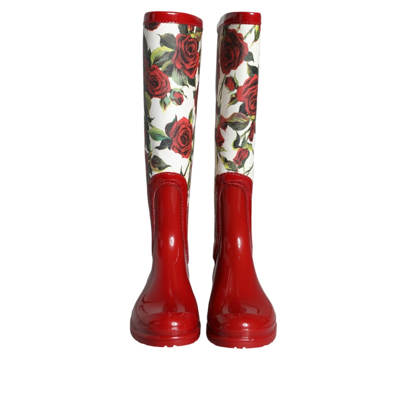 Dolce & Gabbana Red Floral Rubber Knee High Flat Boots Shoes