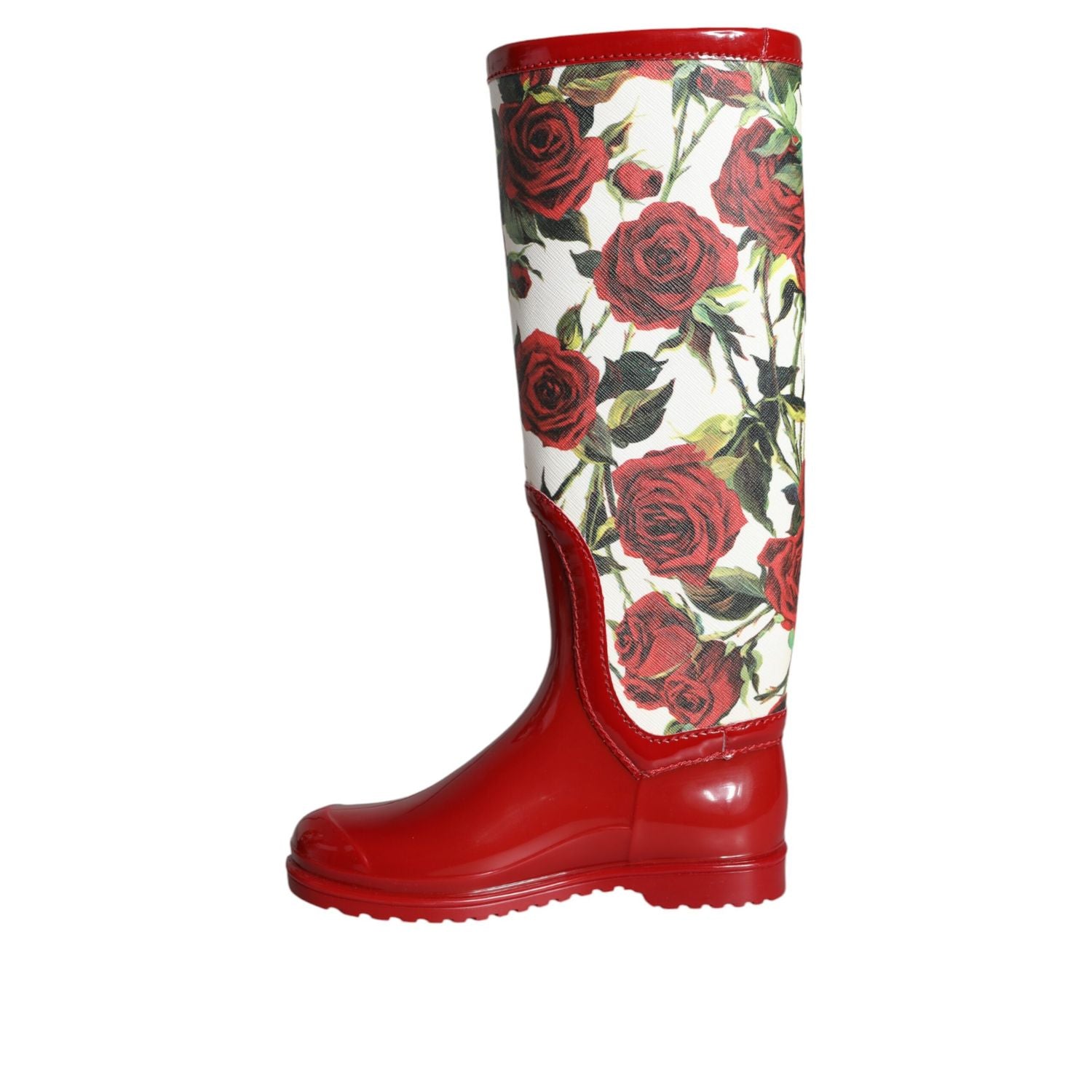 Dolce & Gabbana Red Floral Rubber Knee High Flat Boots Shoes