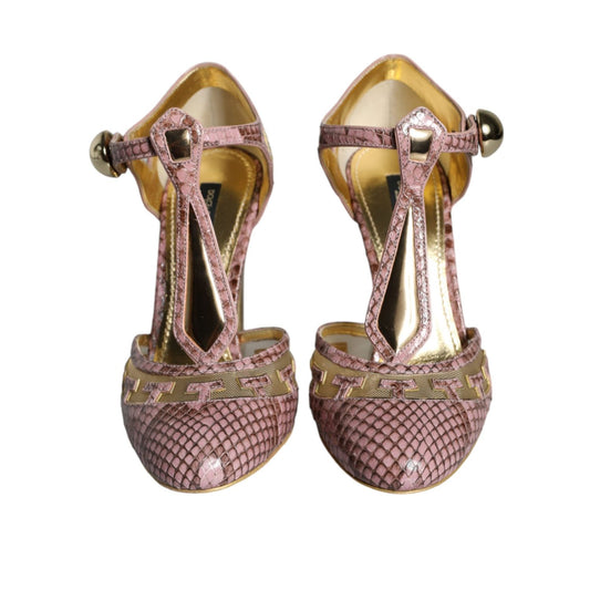 Dolce & Gabbana Pink Gold Leather Pumps T-strap Sandals Shoes
