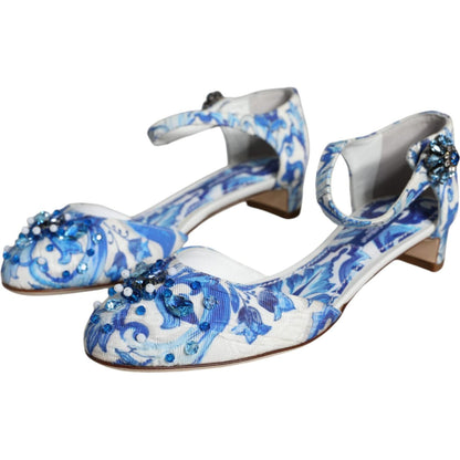 Dolce & Gabbana White Blue Majolica Print Ankle Strap Sandals Shoes