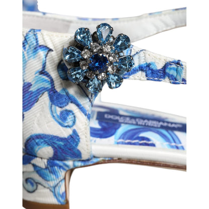 Dolce & Gabbana White Blue Majolica Print Ankle Strap Sandals Shoes