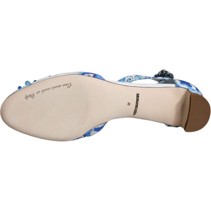 Dolce & Gabbana White Blue Majolica Print Ankle Strap Sandals Shoes