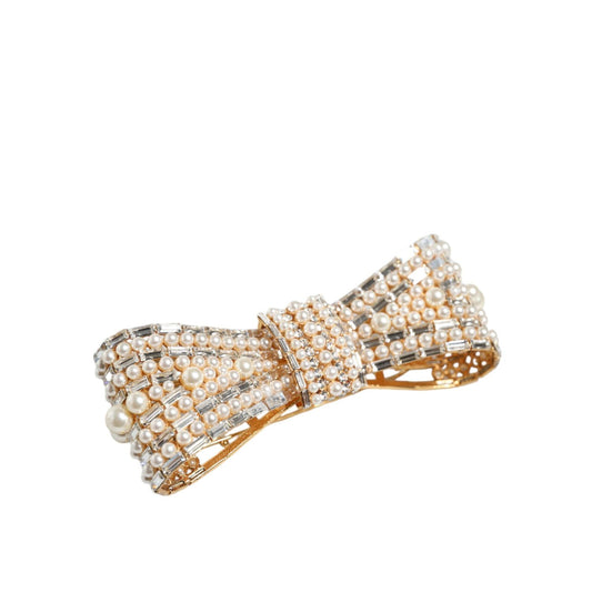 Dolce & Gabbana Gold Tone Brass Bow Crystal FauxPearl Embellished Brooch Dolce & Gabbana