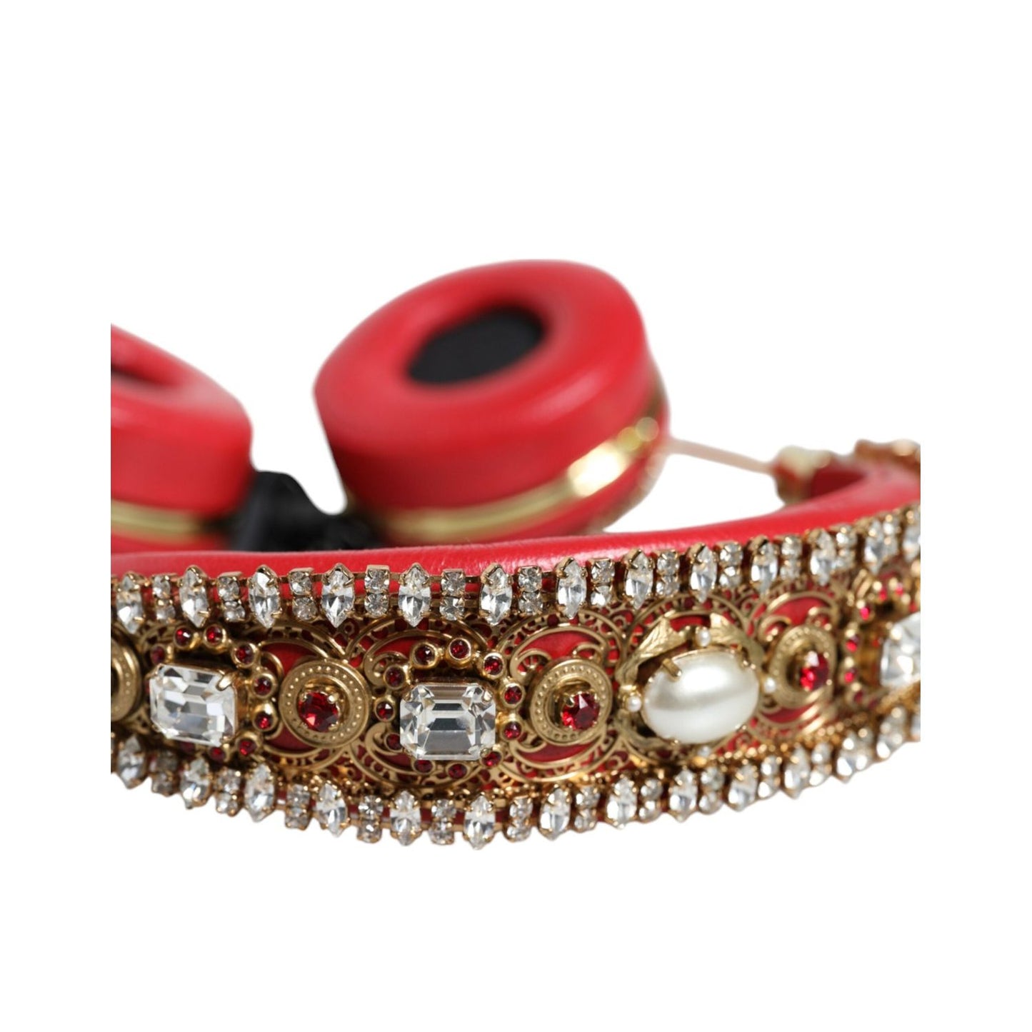 Dolce & Gabbana Red Nappa Leather Floral Crystal Headphone