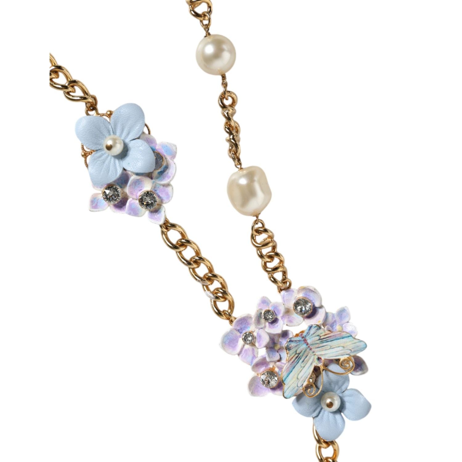 Dolce & Gabbana Gold Chain Brass Floral Layered Crystal Pearl Necklace