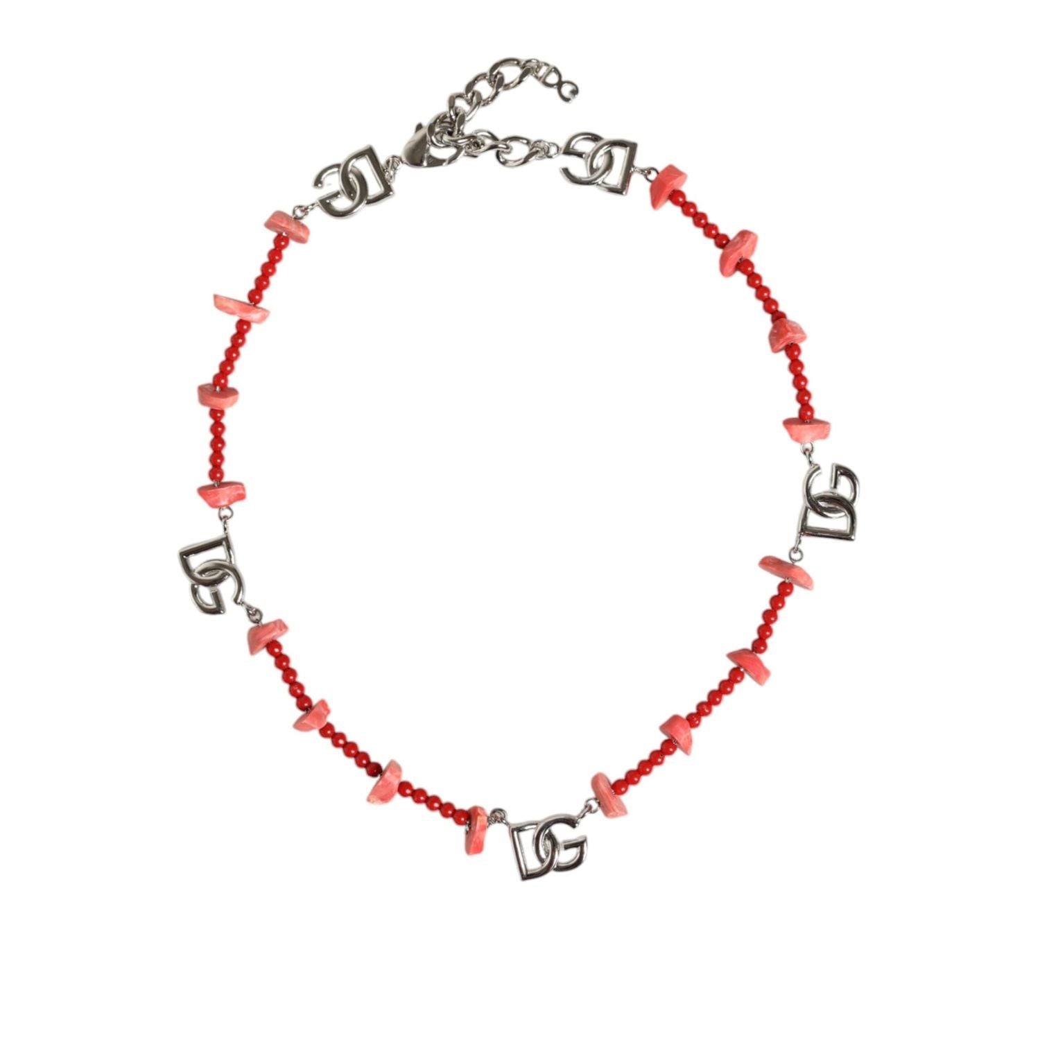 Dolce & Gabbana Silver Tone Brass Beaded Resin DG Logo Chain Necklace