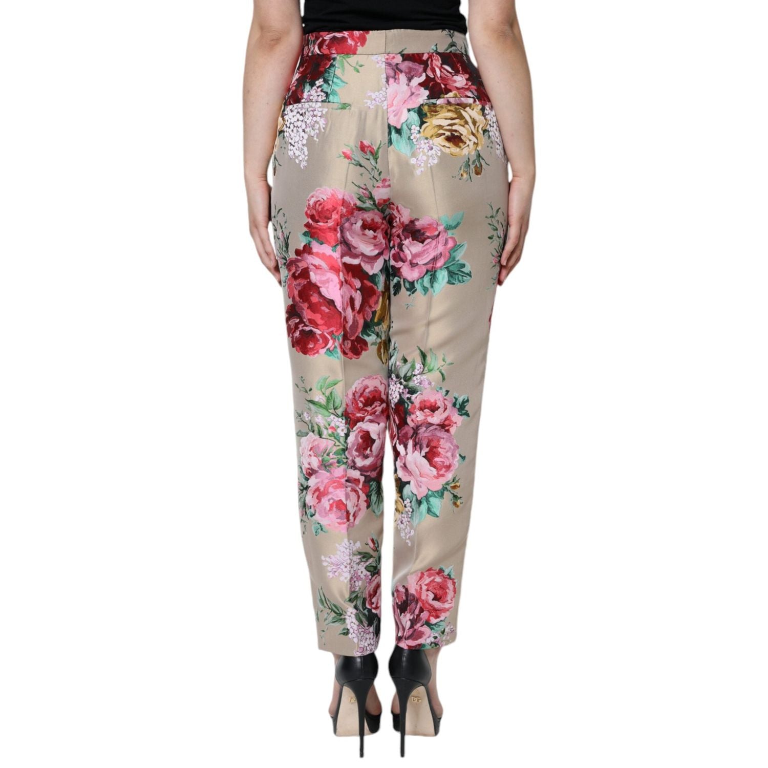 Dolce & Gabbana Beige Floral Jacquard High Waist Tapered Pants