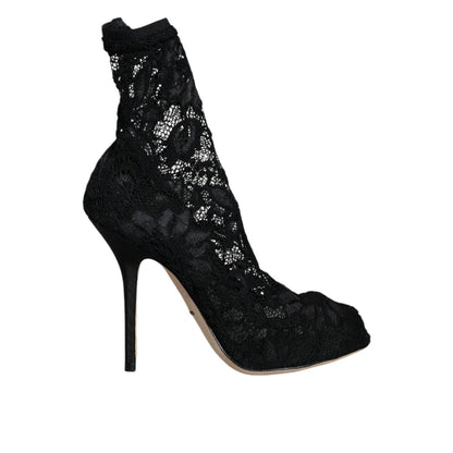 Dolce & Gabbana Black Lace Stretch Heels Mid Calf Boot Shoes